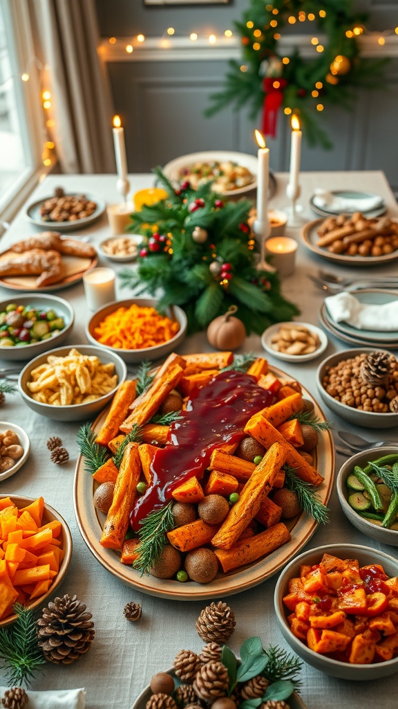 A festive vegan Christmas dinner table with roasted sweet potatoes, cranberry sauce, and assorted vegetables.